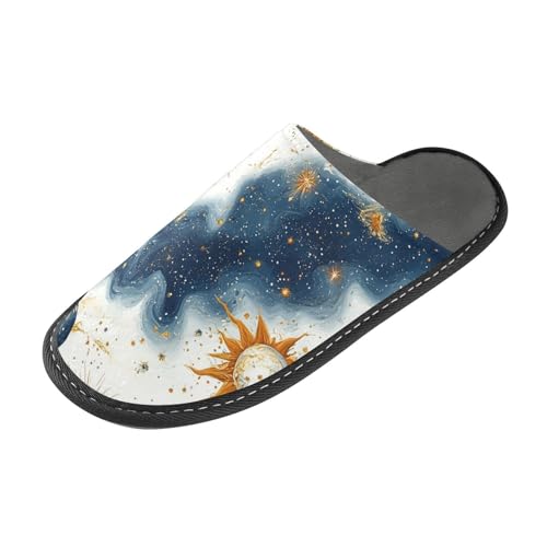 tplaotee Blau-Gold Astrologischer Planet Damen Hausschuhe Frauen Indoor Hausschuhe mit Memory-Schaum für Haus, Schlafzimmer von tplaotee