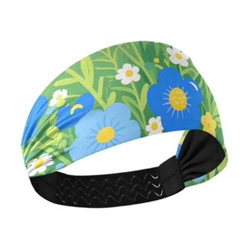 tplaotee Blau-gelbe Blumen Illustrationsstil, rutschfest? Schweißbänder für Damen, dehnbare Haarbänder für Sport, Yoga, Basketball, Volleyball von tplaotee