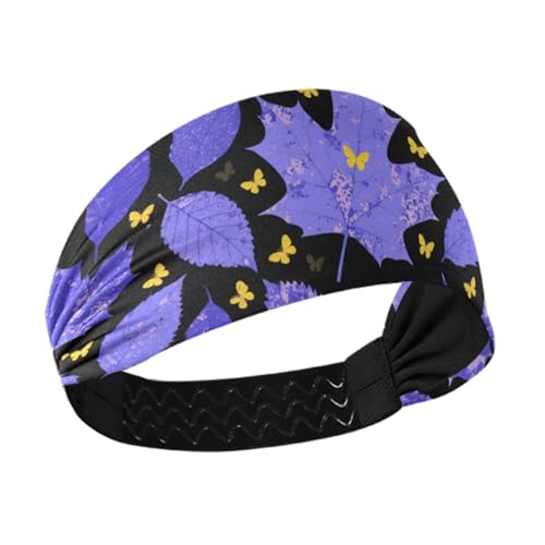 tplaotee Blau-lila Ahornblatt-gelber Schmetterling rutschfest? Stirnband für Damen, modisch, elastisch, Schweißbänder für Workout, Yoga, Wandern, Make-up von tplaotee
