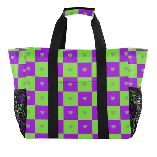 tplaotee Buffalo kariertes Karomuster in Herzform, wiederverwendbare Einkaufstasche, zusammenklappbar, Strandtasche, sanddicht, Segeltuch, Tragetasche für Auto von tplaotee