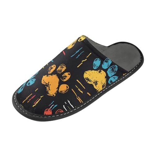 tplaotee Bunte Hausschuhe mit Hundepfotenabdrücken und schwarzem Hintergrund, Kritzelei-Stil, warme Hausschuhe für Damen und Damen, Innen-Hausschuhe mit Memory-Schaum, für Haus, Schlafzimmer, Bunte von tplaotee