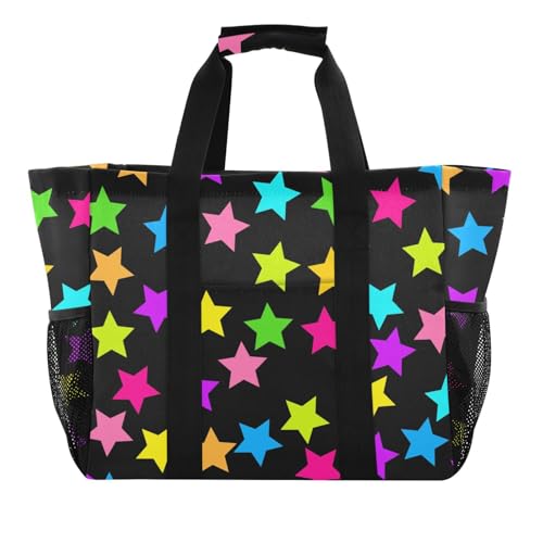 tplaotee Bunte Sterne, große Mehrzweck-Tragetasche für Damen, wiederverwendbar, Einkaufstasche, faltbar, Strandtasche, wasserabweisend, Leinen, Reise-Wäschesack, Schwarz von tplaotee