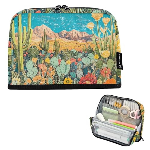 tplaotee Bunte Wüste mit Kakteen blühenden Blumen, Federmäppchen, großes Fassungsvermögen, Stifteetui, Kosmetik, stabile Schreibwaren-Aufbewahrung für Studenten, Schule, Cartuchera para ninas von tplaotee