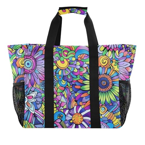 tplaotee Bunte abstrakte Blumen, wiederverwendbare Einkaufstasche, zusammenklappbar, Strandtasche mit Fächern mit Griffen, Auto-Tragetasche von tplaotee