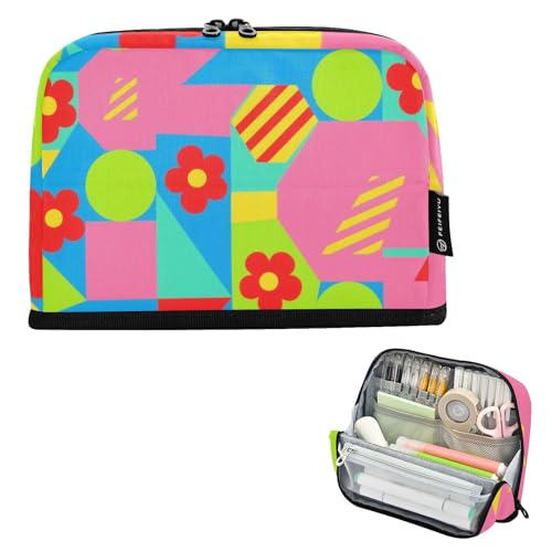 tplaotee Bunte geometrische Formen, rote Blumen, Federmäppchen, großes Fassungsvermögen, Make-up-Tasche, mehrere Fächer, Organizer-Box für adrette College Bolsas Para Herramientas von tplaotee