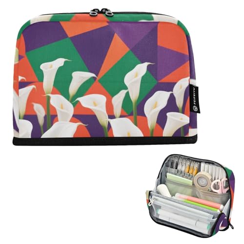 tplaotee Bunte geometrische Formen, weiße Calla-Lilien, Federmäppchen, großes Fassungsvermögen, stabile Aufbewahrung, Organizer für Damen, elementare estuchera para lapices von tplaotee