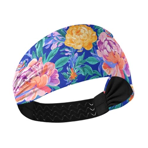 tplaotee Buntes Blumenmuster, Pfingstrosen, königsblau, rutschfest? Stirnband für Damen, modisch, elastische Tennis-Schweißbänder für Yoga, den täglichen Gebrauch, Basketball, Wandern von tplaotee