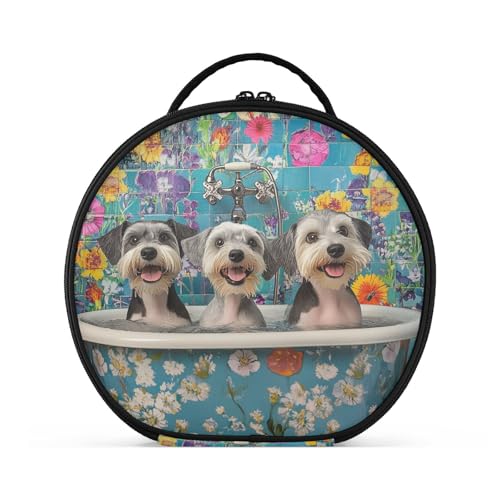tplaotee Cartoon-Miniatur Schnauzer Hunde Retro-Badewanne Make-up-Tasche mit Fächern und Griff, tragbare Kosmetiktasche für Geldbörse mit verstellbaren Trennwänden, 27,9 cm von tplaotee