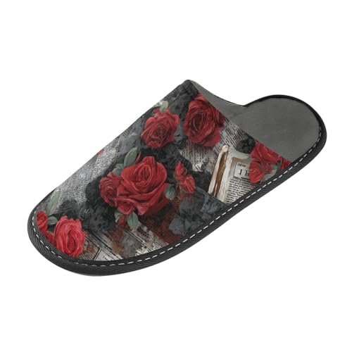 tplaotee Damen-Hausschuhe, Motiv: rote Rosen, Retro, warm, mit Memory-Schaum, für Haus, Schlafzimmer, Zeitungen Rote Rosen Art Retro, 38.5/39 EU von tplaotee