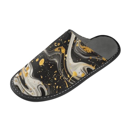 tplaotee Damen-Hausschuhe mit wirbelndem Marmor-Motiv, Schwarz und Gold, für den Innenbereich, mit Memory-Schaum, für Haus, Schlafzimmer von tplaotee