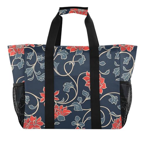 tplaotee Einkaufstasche mit traditionellem Blumendesign, wiederverwendbar, faltbar, Strandtasche mit Fächern, Leinen-Wäschesack, Rot von tplaotee
