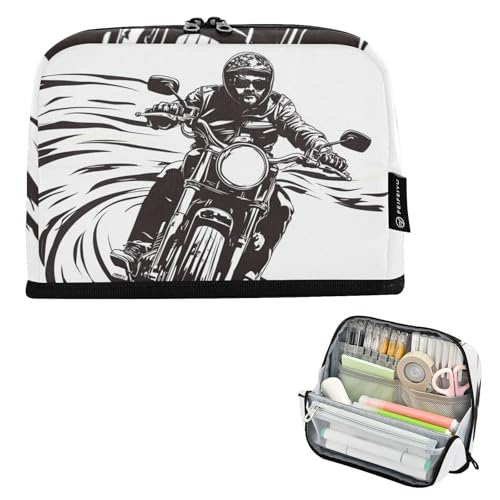 tplaotee Federmäppchen, Motiv: Motorradfahrer reitet, klassisches Fahrrad, großes Fassungsvermögen, Federmäppchen, Organizer mit Reißverschluss, Organizer-Box für Studenten, High School, Cartucheras von tplaotee