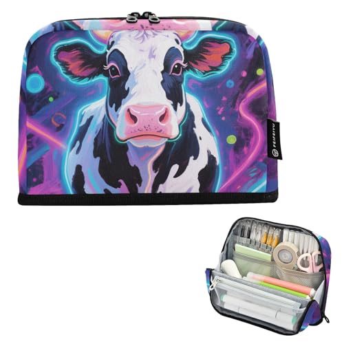 tplaotee Federmäppchen mit Cartoon-Motiv, fluoreszierend, Kuh, großes Fassungsvermögen, Federmäppchen, Reißverschluss, Schreibtisch-Organizer für Damen, Schulbedarf, Bolsa para lapices de ninos von tplaotee