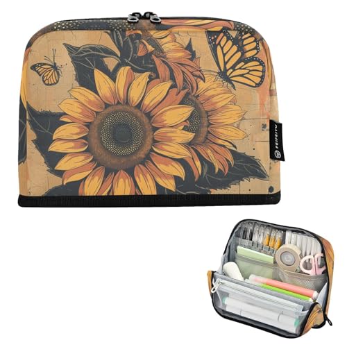 tplaotee Federmäppchen mit Schmetterlingen und Sonnenblumen, großes Fassungsvermögen, Kosmetiktasche, Reißverschluss, Schreibwaren-Tasche für Jugendliche, Reisen, Estuches Escolares para ninas von tplaotee
