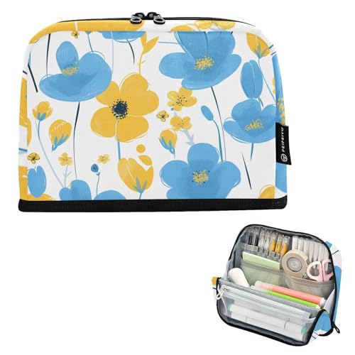 tplaotee Federmäppchen mit blauen und gelben Blumen, großes Fassungsvermögen, Kosmetik, mit Reißverschluss, Schreibwaren-Organizer für Damen, Kosmetik, Bolso para herramientas tplaotee Federmäppchen mit blauen und gelben Blumen, großes Fassungsvermögen, Kosmetik, mit Reißverschluss, Schreibwaren-Organizer für Damen, Kosmetik, Bolso para herramientas von tplaotee