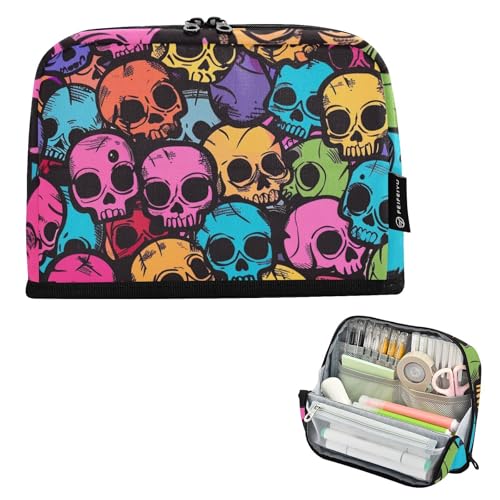 tplaotee Federmäppchen mit buntem Cartoon-Totenkopf, großes Fassungsvermögen, weiches Schreibwaren-Organizer für Jugendliche, Büro, verschiedene Farben von tplaotee
