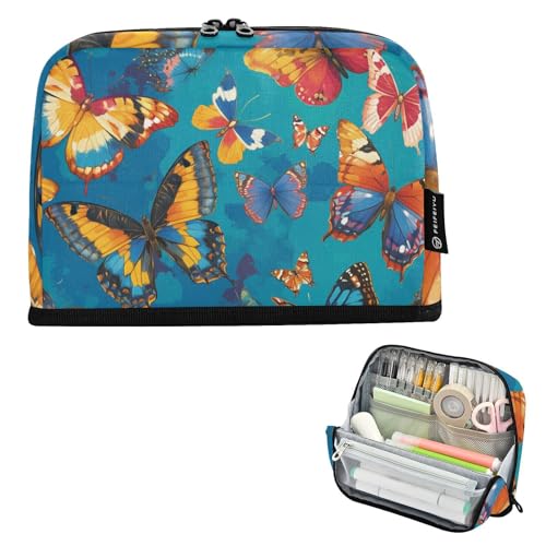 tplaotee Federmäppchen mit buntem Schmetterlings-Hintergrund, großes Fassungsvermögen, Make-up-Tasche, niedliches Schreibwaren-Federmäppchen für Lehrer, Grundschule, Para, Lapices von tplaotee