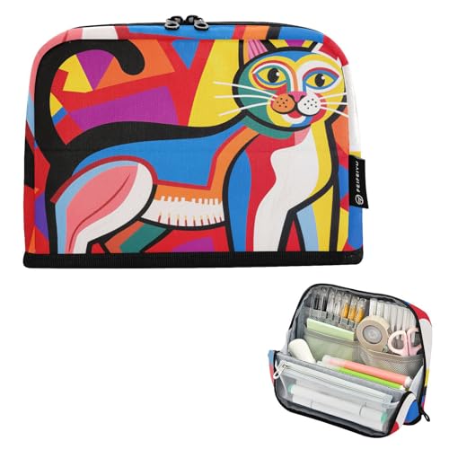 tplaotee Federmäppchen mit buntem abstraktem Katzenmotiv, großes Fassungsvermögen, Kosmetik, hohe Kapazität, Schreibwaren-Organizer für Studenten, Büro, Cartucheras para mujer von tplaotee