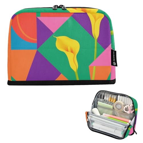 tplaotee Federmäppchen mit bunten geometrischen Formen, gelbe Blumen, großes Fassungsvermögen, Make-up-Tasche, breite Öffnung, Schreibtisch-Organizer für Krankenschwestern, Schulbedarf, Bolsas para von tplaotee