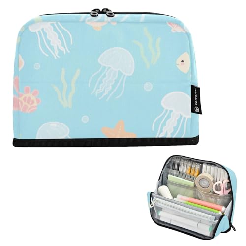 tplaotee Federmäppchen mit niedlichem Cartoon-Motiv, weiße Quallen, große Kapazität, aufrechte Aufbewahrungstasche, leichter Etui, Stifthalter für Lehrer, Schule, Muss Haves Bolsa para maquillaje von tplaotee
