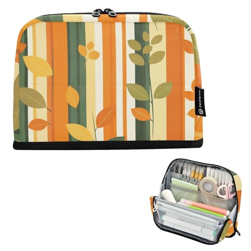 tplaotee Federmäppchen mit orangefarbenem und grünem Streifenmuster mit Blättern, großes Fassungsvermögen, tragbare Schreibwarentasche für Jugendliche, adrette Schulbedarf, estuches de maquillaje para von tplaotee