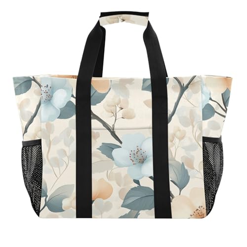 tplaotee Fresh Style Cherry Blossom Light Aprikose Blassblau Utility Tote Bag für Frauen Wiederverwendbare Einkaufstaschen Faltbare Strandtasche Tragetasche mit Taschen mit Griffen Tragetaschen von tplaotee