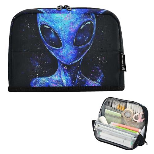 tplaotee Glitzernde Aliens-Federtasche, großes Fassungsvermögen, mit Reißverschluss, Schreibwaren-Tasche für Damen, adretter Schulbedarf, Cartucheras für Jugendliche, Schwarz von tplaotee