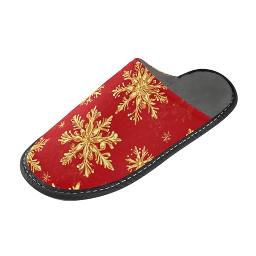 tplaotee Goldene Schneeflocken mit rotem Hintergrund, warme Hausschuhe für Damen, Indoor-Hausschuhe mit Memory-Schaum für Haus, Schlafzimmer, Goldene Schneeflocken, roter Hintergrund, 42/43 EU von tplaotee