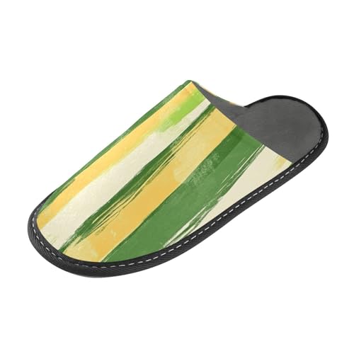 tplaotee Grasgrün-gelbe Streifenmuster, Kritzelei-Kunst-Hausschuhe für Damen, Hausschuhe mit Memory-Schaum, für Haus, Schlafzimmer von tplaotee