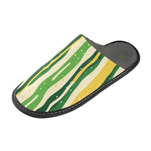 tplaotee Grasgrün-gelbe Streifenmuster, Kritzelkunst-Hausschuhe für Damen, Hausschuhe für Damen, Innenbereich, mit Memory-Schaum, für Haus, Schlafzimmer, Grasgrün-gelbes Streifenmuster von tplaotee