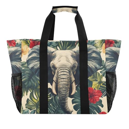 tplaotee Graue Elefanten-Aufbewahrungstasche, wiederverwendbar, zusammenklappbar, große Strandtasche mit Fächern, Leinen-Tragetaschen von tplaotee