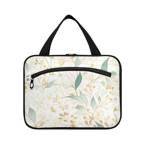 tplaotee Große Kosmetiktasche für Damen mit Haken, zusammenklappbar, gesteppt, Make-up-Tasche für wichtige Dinge für Frauen, Toilette, Bolsos, Para, Hombre, M, Grün / Gold, Grüne goldene Blumen von tplaotee