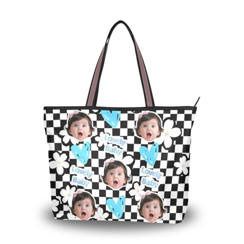 tplaotee Handtaschen aus Seidenstoff mit Reißverschluss für Damen, praktisch, individuelles Bild auf Handtaschen für Frauen (Senario), Größe 40 x 29 cm, Blume, Weiß, Schwarz, kariert von tplaotee