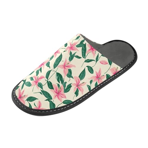 tplaotee Hausschuhe für Damen, kleine rosa Blumen und grüne Blätter, Ditsy-Druck, warme Hausschuhe für den Innenbereich, mit Memory-Schaum, für Haus, Schlafzimmer, Kleine rosa Blumen, grüne Blätter von tplaotee