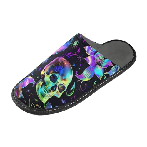 tplaotee Hausschuhe mit Totenkopf und Blumen, Gothic-Fantasie-Stil, warme Hausschuhe für Damen, Innenbereich, mit Memory-Schaum, für Haus, Schlafzimmer, Neon-Regenbogenfarben, Totenkopf und Blumen von tplaotee
