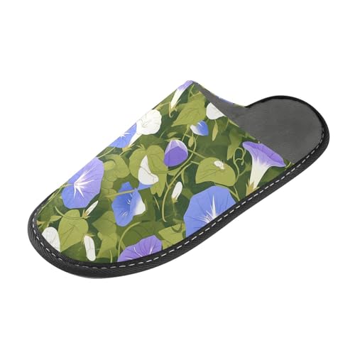 tplaotee Hellblau Lila Morning Glories Grüner Hintergrund Warme Damen Hausschuhe Indoor Hausschuhe Damen mit Memory-Schaum für Haus, Schlafzimmer, Hellblau, Lila, Morning Glories Grüner Hintergrund von tplaotee