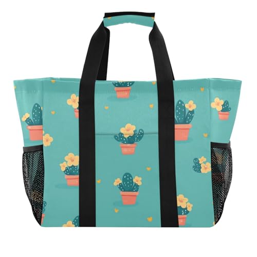 tplaotee Kleine Blumen und kleine Kaktus-Tasche für den Kofferraum, wiederverwendbare Taschen für Lebensmittel, zusammenklappbar, große Strandtasche, wasserabweisend, Segeltuch, Wäschetasche von tplaotee