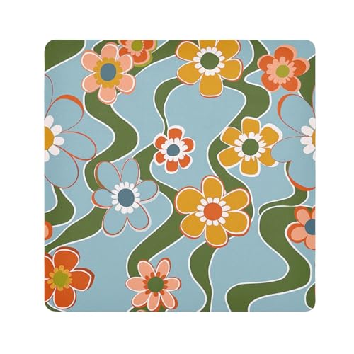 tplaotee Make-up-Tasche mit bunten Blumen und blauen gewellten Linien, tragbar, Reise-Make-up, Organizer, Verpackung, Kameralinse, Tuch für Organisation, Größe 55,1 x 55,1 cm von tplaotee