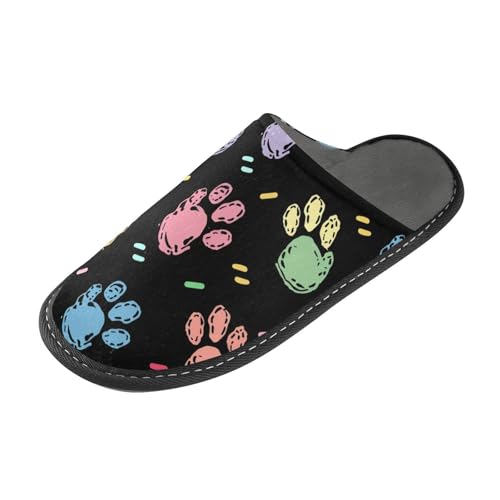 tplaotee Niedliche, bunte Hundepfotenabdrücke, schwarzer Hintergrund, Kritzelei-Stil, warme Hausschuhe für Damen, Innenbereich, mit Memory-Schaum, für Haus, Schlafzimmer, Niedliche, bunte von tplaotee