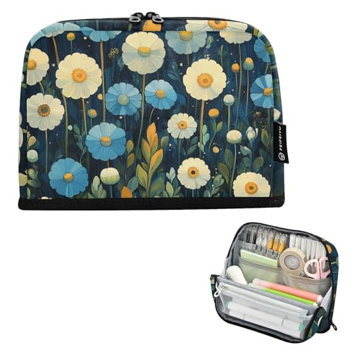 tplaotee Niedliche weiße blaue Gänseblümchen-Federmäppchen, großes Fassungsvermögen, Make-up-Tasche, mehrere Fächer, Schreibwaren-Aufbewahrung für Mädchen, Reisen, Lapiceras estuche para ninos von tplaotee
