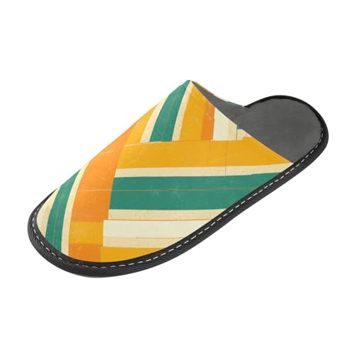 tplaotee Orangene und grüne Hausschuhe mit geometrischem gerader Linienmuster, für Damen, Innenbereich, mit Memory-Schaum, für Haus, Schlafzimmer von tplaotee