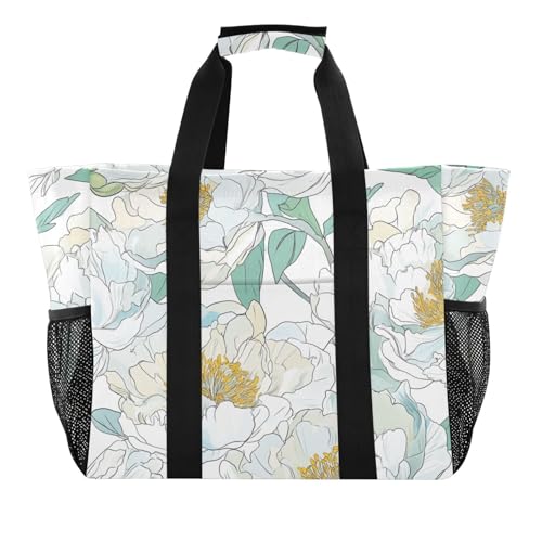 tplaotee Pfingstrosen weiße Mehrzweck-Strandtasche, wiederverwendbare Einkaufstasche, faltbar, Strandtasche, sanddicht, Segeltuch, Reise-Wäschesack von tplaotee