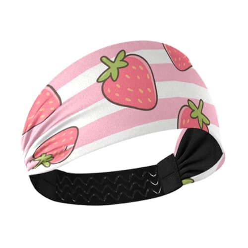 tplaotee Pink-weiß gestreifte Früchte Erdbeere feuchtigkeitsableitende Damen-Stirnbänder elastischer Kopf für Workouts den täglichen Gebrauch Wandern Make-up von tplaotee