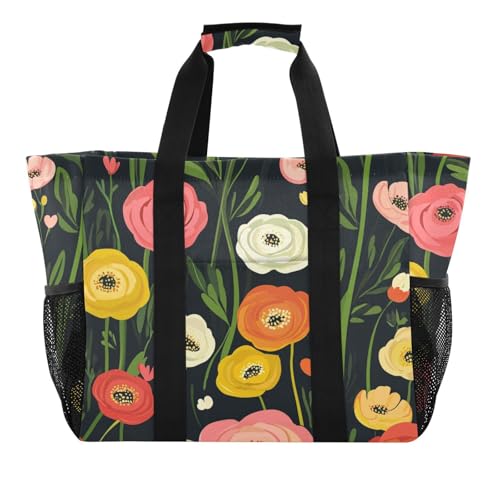 tplaotee Ranunculus Einkaufstasche mit Blumenmuster, Landhausstil, Cartoon, wiederverwendbar, faltbar, Strandtasche, wasserdicht, Segeltuch, Auto-Tragetasche von tplaotee
