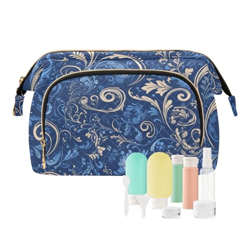 tplaotee Reise-Make-up-Tasche mit Reißverschluss, für Damen, Münzgeldbörse für große Kapazität, Blau, Schnörkelmuster, blau, 1 size von tplaotee