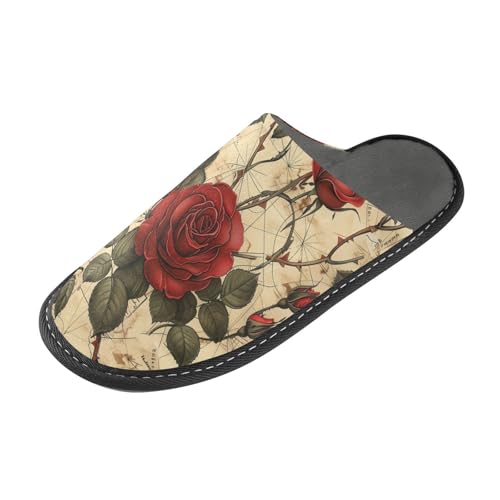 tplaotee Retro-Hausschuhe mit roter Rose, warme Hausschuhe für Damen, mit Memory-Schaum, für Haus, Schlafzimmer, Retro-Rote Rose, 37.5/38 EU von tplaotee