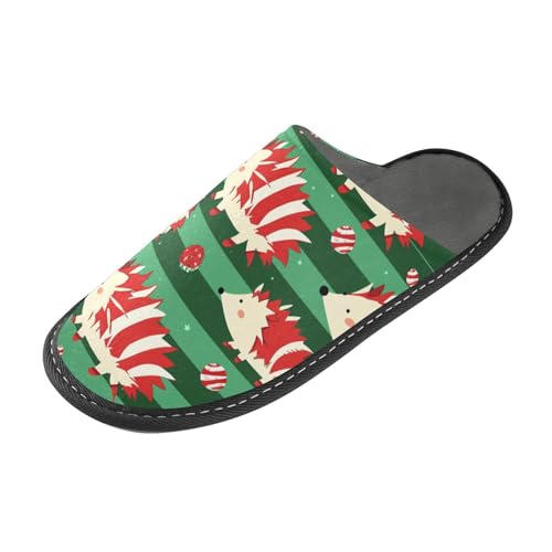 tplaotee Rot und Grün gestreifte verspielte Igel Weihnachten Warme Hausschuhe Frauen Hausschuhe für Damen Indoor mit Memory-Schaum für Haus, Schlafzimmer, Rot und Grün gestreifter verspielter Igel von tplaotee