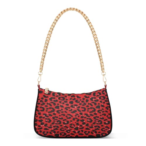 tplaotee Schultertasche mit künstlichem Glitzer-Leopardenmuster, rot, trendige Kette, Umhängetasche, Handtasche für Damen für Reisen von tplaotee