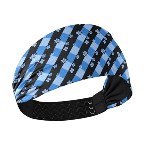 tplaotee Schwarz-blaues Karomuster, blau, kleine Blume, rutschfest, breite Stirnbänder für Damen, elastische Schweißbänder für Damen, zum Laufen, täglichen Gebrauch, Tennis, Waschen des Gesichts von tplaotee