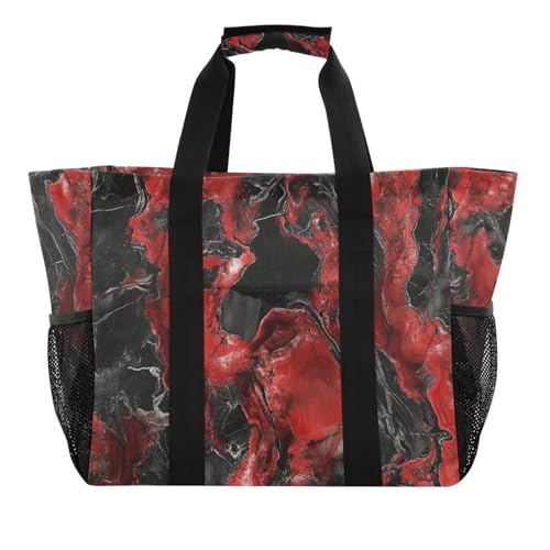 tplaotee Schwarz-rote unregelmäßige Kunst-Marmor-Tragetasche für Damen, Lebensmittel, wiederverwendbare Taschen, faltbar, Strandtasche, wasserdicht, Leinen-Wäschesack von tplaotee